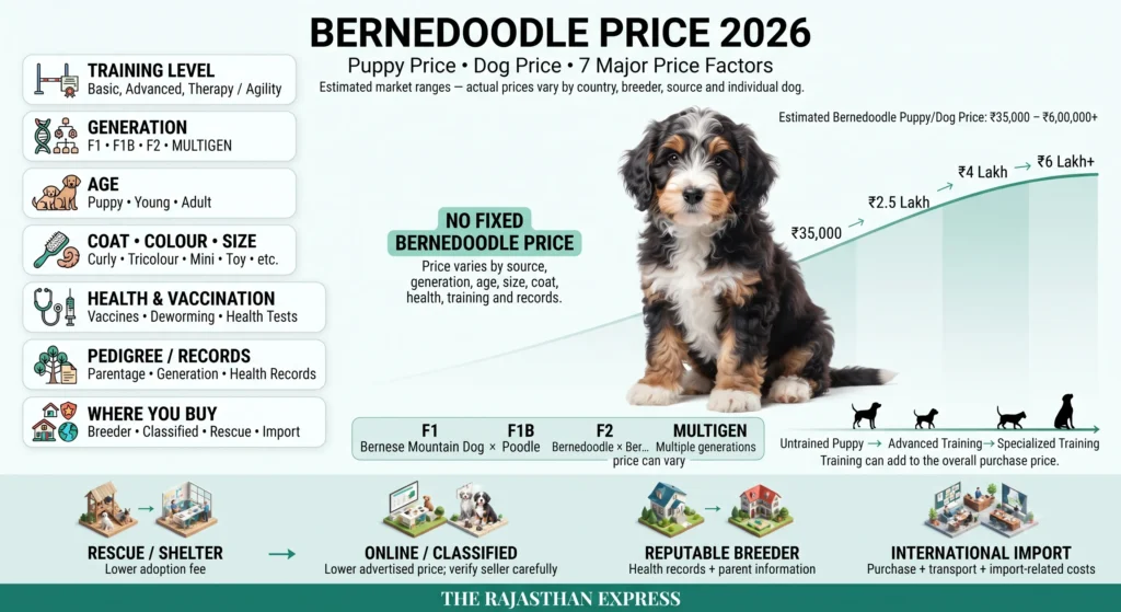 Infographic showing Bernedoodle price 2026 with estimated range ₹35,000 – ₹6,00,000+. Seven price factors: training level, generation (F1, F1B, F2, Multigen), age (puppy, young, adult), coat/colour/size (curly, tricolour, mini, toy), health & vaccination, pedigree/records, and where you buy (rescue, online, reputable breeder, international import). Price increases with training and generation. A Bernedoodle puppy is shown.