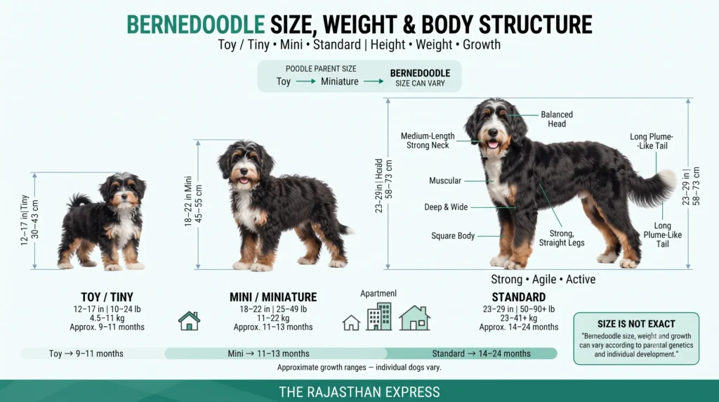 Bernedoodle size, weight, and body structure infographic. Toy / Tiny (12–17 in, 10–24 lb, 4.5–11 kg), Mini / Miniature (18–22 in, 25–49 lb, 11–22 kg), Standard (23–29 in, 50–90+ lb, 23–41+ kg). Body features: balanced head, medium-length strong neck, muscular, deep & wide chest, square body, long plume-like tail, strong straight legs. Growth timeline: Toy (9–11 months), Mini (11–13 months), Standard (14–24 months).