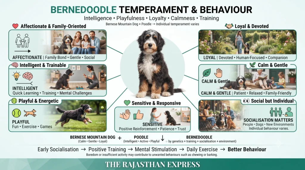 Infographic on Bernedoodle temperament and behaviour. Traits: affectionate & family-oriented, intelligent & trainable, playful & energetic, loyal & devoted, calm & gentle, sensitive & responsive, social but individual. Text notes early socialisation, positive training, mental stimulation, and daily exercise lead to better behaviour. A Bernedoodle dog is central, with photos illustrating each trait.