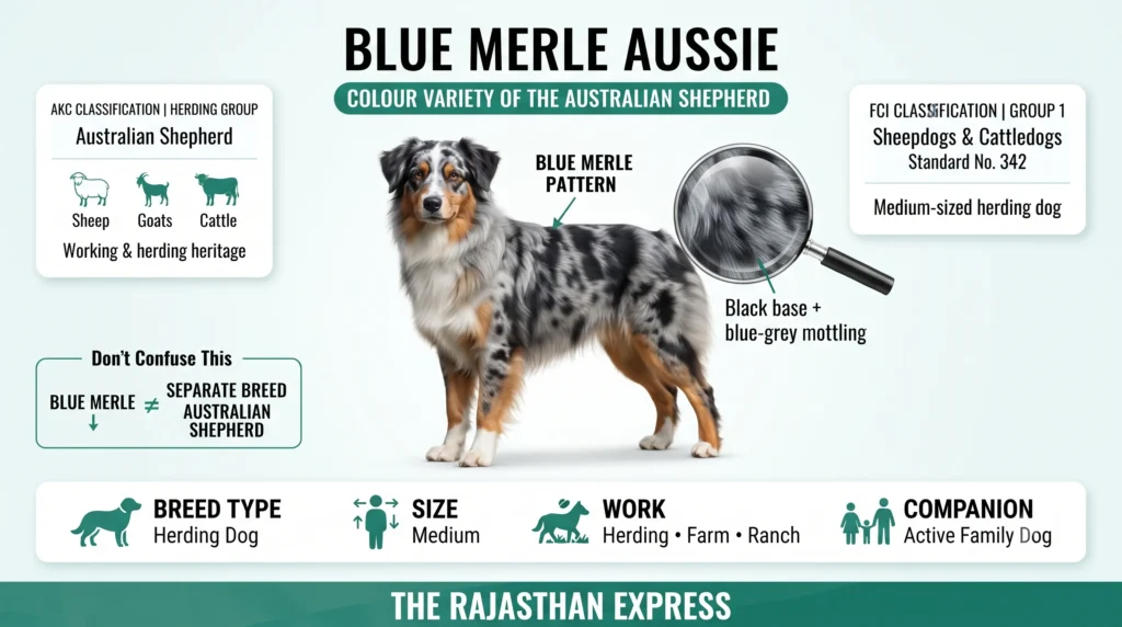 Infographic of the Blue Merle Aussie – colour variety of the Australian Shepherd. Shows AKC Classification (Herding Group, Australian Shepherd, working & herding heritage for sheep, goats, cattle) and FCI Classification (Group 1 Sheepdogs & Cattle dogs, Standard No. 342, medium-sized herding dog). Central image of a Blue Merle Aussie with Blue Merle pattern (black base + blue-grey mottling). Bottom row: Breed Type (Herding Dog), Size (Medium), Work (Herding, Farm, Ranch), Companion (Active Family Dog). Text clarifies Blue Merle ≠ Separate Breed.