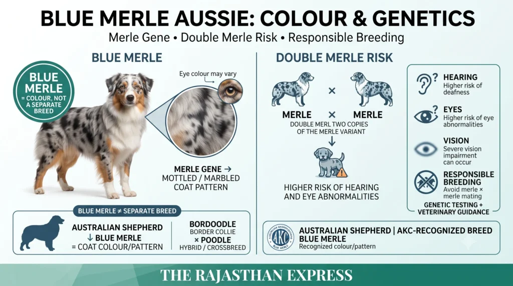Infographic showing the Blue Merle Aussie as an Australian Shepherd colour variety. Highlights the Merle Coat Pattern (black base + blue-grey mottling). Includes a warning about Double Merle Risk (Merle x Merle breeding leading to higher risk of hearing and eye problems). Text: History, Origin, Characteristics, Coat, Genetics. Colour Variety – Not a Separate Breed.