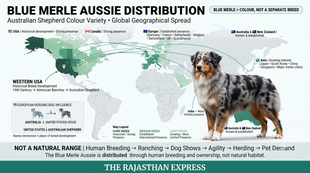 World map showing Blue Merle Aussie distribution. USA (historical development, strong presence), Canada (strong presence), Europe (established presence – Germany, France, Netherlands, Belgium, Switzerland, UK, Scandinavia), Australia & New Zealand (known & established), Asia (growing interest – Japan, South Korea, China, Singapore, major Indian cities), and India (more limited presence). Map legend indicates Dark Green (Historical/Strong Presence), Medium Green (Established International Presence), Light Green (Growing/More Limited Presence). Text: Not a natural range – distributed through human breeding and ownership.