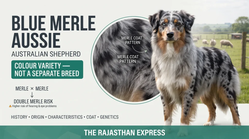 Infographic showing the Blue Merle Aussie as an Australian Shepherd colour variety. Highlights the Merle Coat Pattern (black base + blue-grey mottling). Includes a warning about Double Merle Risk (Merle x Merle breeding leading to higher risk of hearing and eye problems). Text: History, Origin, Characteristics, Coat, Genetics. Colour Variety – Not a Separate Breed.