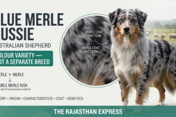 Infographic showing the Blue Merle Aussie as an Australian Shepherd colour variety. Highlights the Merle Coat Pattern (black base + blue-grey mottling). Includes a warning about Double Merle Risk (Merle x Merle breeding leading to higher risk of hearing and eye problems). Text: History, Origin, Characteristics, Coat, Genetics. Colour Variety – Not a Separate Breed.