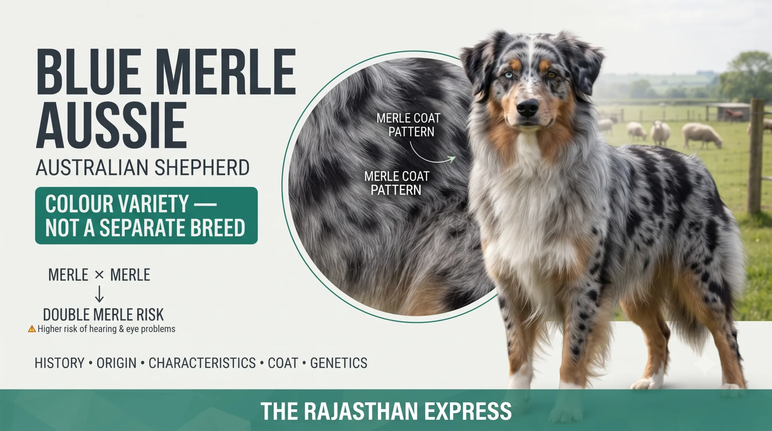 Infographic showing the Blue Merle Aussie as an Australian Shepherd colour variety. Highlights the Merle Coat Pattern (black base + blue-grey mottling). Includes a warning about Double Merle Risk (Merle x Merle breeding leading to higher risk of hearing and eye problems). Text: History, Origin, Characteristics, Coat, Genetics. Colour Variety – Not a Separate Breed.