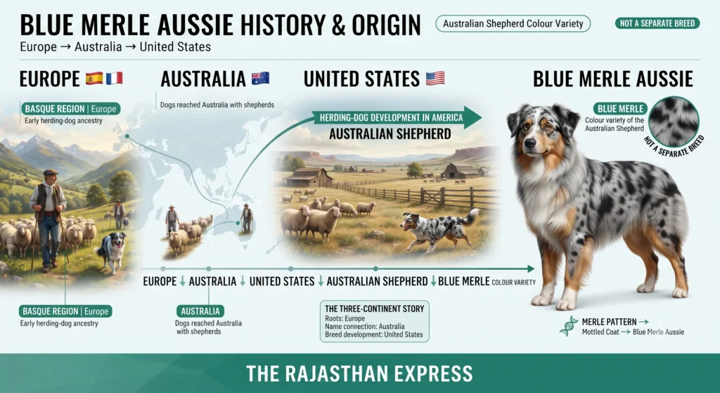 Infographic showing Blue Merle Aussie history and origin. The journey goes from Europe (Basque Region) with early herding-dog ancestry, to Australia (dogs reached with shepherds), to the United States (herding-dog development in America). The Australian Shepherd breed developed in the US, and Blue Merle is a colour variety of the Australian Shepherd, not a separate breed.
