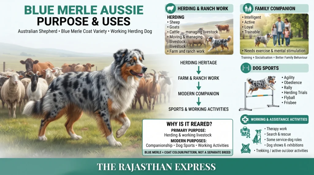 Infographic showing Blue Merle Aussie purpose and uses. Primary purpose: Herding & working livestock (sheep, goats, cattle, moving & managing livestock, farm and ranch work). Modern purposes: Family Companion (intelligent, active, loyal, trainable), Dog Sports (agility, obedience, rally, herding trials, flyball, frisbee), and Working & Assistance Activities (therapy work, search & rescue, service-dog roles, dog shows, trekking). Blue Merle is a coat colour, not a separate breed.