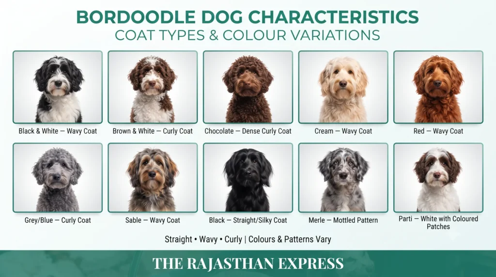Bordoodle coat types and colours infographic showing wavy, straight/silky, and curly coat textures alongside colour patterns like Merle and Parti, plus a colour swatch of black, white, brown, chocolate, cream, red, grey, fawn, and sable.