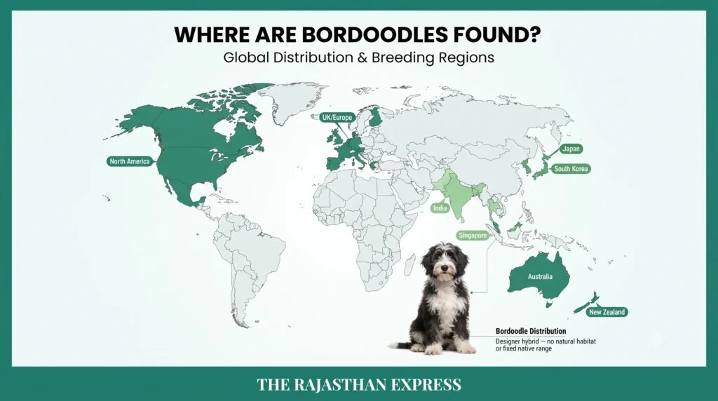 World map showing Bordoodle distribution with highlighted regions: North America, UK/Europe, Japan, South Korea, India, Singapore, Australia, and New Zealand. Text: "Bordoodle Distribution: Designer hybrid – no natural habitat or fixed native range". A Bordoodle puppy is shown. This Border Collie Poodle Cross is a globally popular hybrid dog breed.