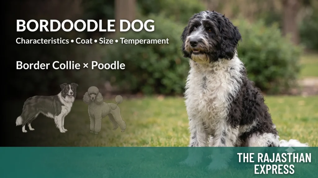 Bordoodle dog sitting on grass, a Border Collie x Poodle mix. The image highlights its characteristics, coat, size, and temperament, with a visual representation of its parent breeds (Border Collie and Poodle). A popular designer dog breed.