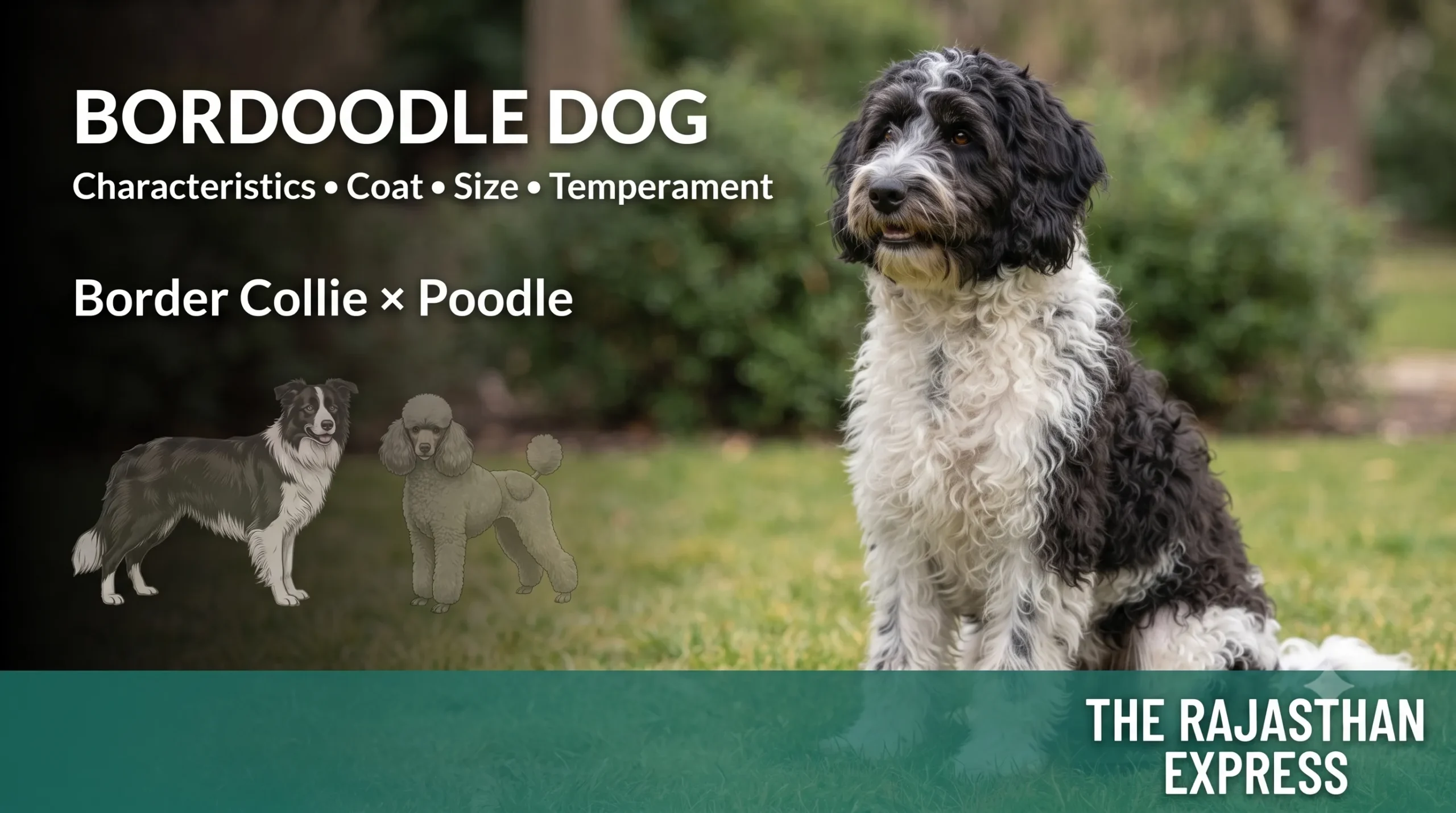 Bordoodle dog sitting on grass, a Border Collie x Poodle mix. The image highlights its characteristics, coat, size, and temperament, with a visual representation of its parent breeds (Border Collie and Poodle). A popular designer dog breed.