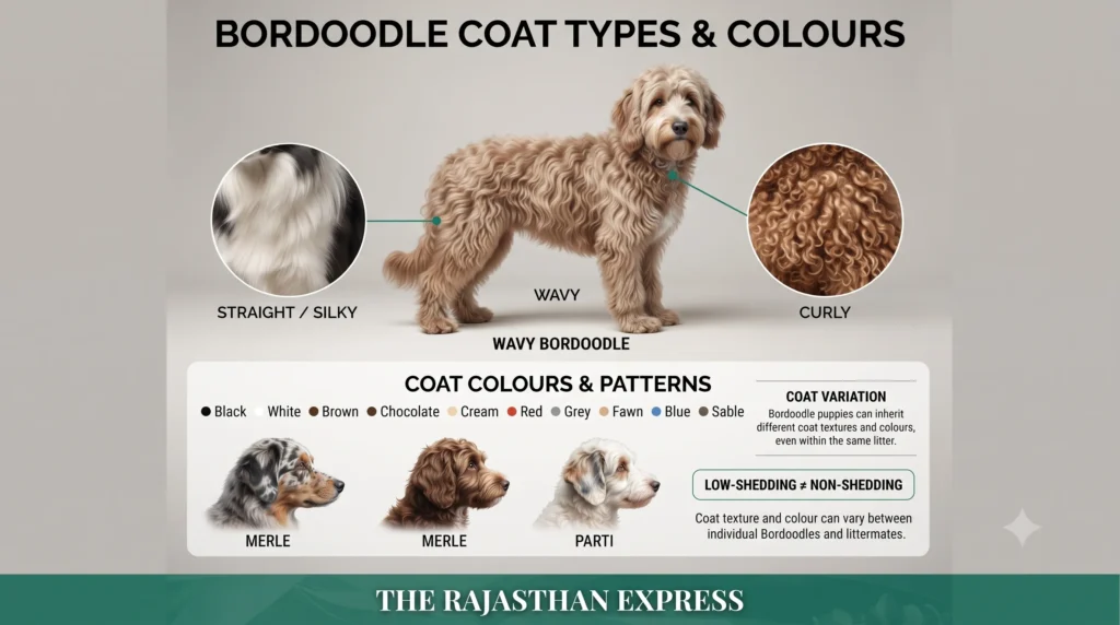 Grid showing Bordoodle dog characteristics and Bordoodle coat variations: Black & White wavy, Brown & White curly, Chocolate dense curly, Cream wavy, Red wavy, Grey/Blue curly, Sable wavy, Black straight/silky, Merle mottled, and Parti white with coloured patches. Demonstrates Bordoodle colours diversity.