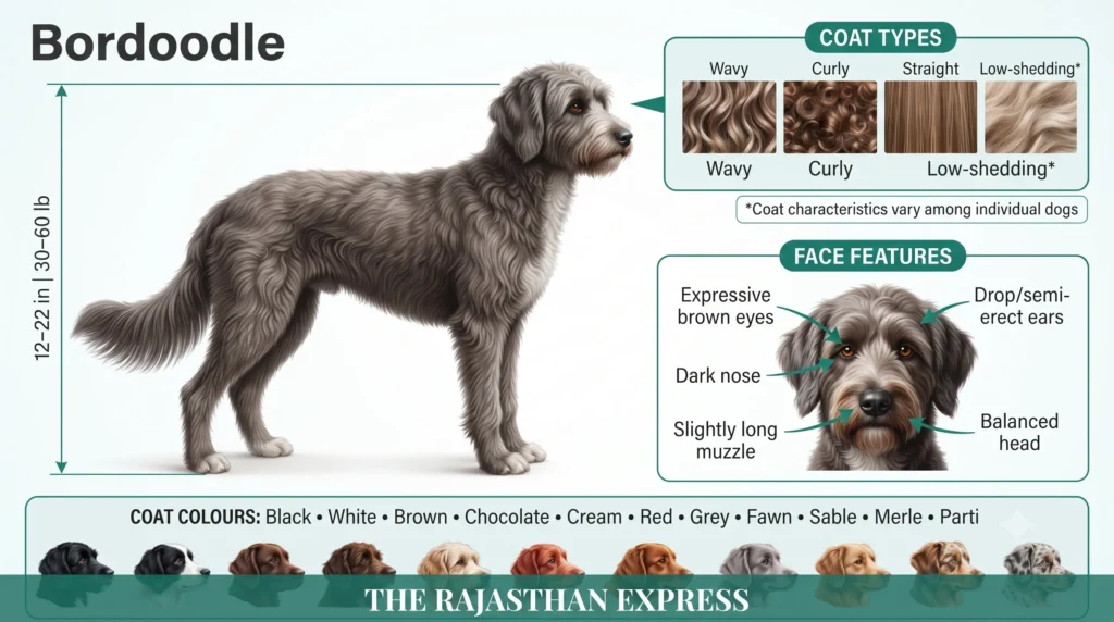 Diagram of Bordoodle dog characteristics showing height (12-22 inches), weight (30-60 lb), Bordoodle coat types (wavy, curly, straight, low-shedding), face features (expressive eyes, drop ears, dark nose, balanced head), and Bordoodle colours (black, white, brown, chocolate, cream, red, grey, fawn, sable, merle, parti).