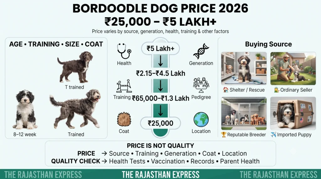 Infographic showing Bordoodle dog price 2026 ranging from ₹25,000 to ₹5 Lakh+, with factors affecting Bordoodle cost including age, training, size, coat, health, generation, pedigree, and location. Includes buying sources like shelters, reputable breeders, and imported puppies, emphasizing quality checks over price.
