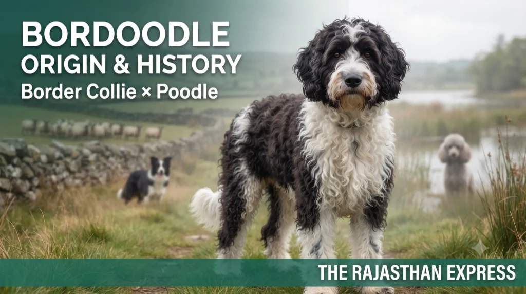 Outdoor image of a Bordoodle standing in a field with sheep and a Border Collie in the background, and a Poodle in the distance. Title: Bordoodle Origin & History – Border Collie x Poodle. Represents the Border Collie Poodle Mix, a hybrid dog breed, crossbreed, and designer dog breed.