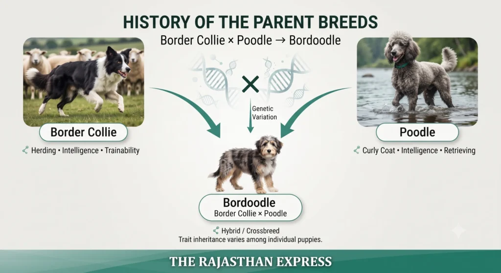 Infographic showing the history of the parent breeds of the Bordoodle. Border Collie (herding, intelligence, trainability) and Poodle (curly coat, intelligence, retrieving) combine with genetic variation to produce the Bordoodle – a Border Collie Poodle Mix. Labels indicate hybrid/crossbreed and designer dog breed.