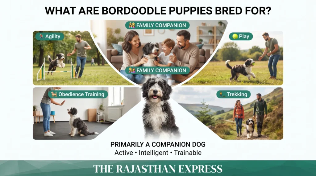 Infographic showing what Bordoodle puppies are bred for: family companion, agility, play, obedience training, and trekking. Central image of a Bordoodle with text "PRIMARILY A COMPANION DOG - Active, Intelligent, Trainable". This Border Collie Poodle Mix is a versatile designer dog breed.