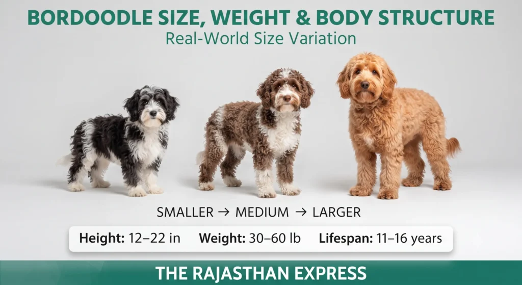 Infographic showing Bordoodle size, weight, and body structure. Three Bordoodles – smaller, medium, larger – with height 12–22 inches, weight 30–60 pounds, lifespan 11–16 years. Text: “SMALLER → MEDIUM → LARGER”. Represents Bordoodle Mini, Bordoodle Adult, and standard Bordoodle size variation.