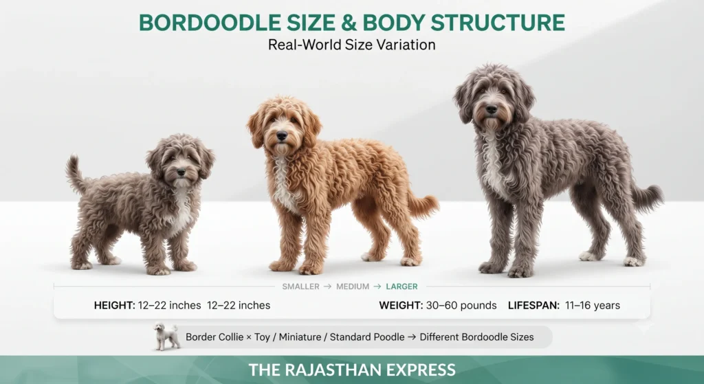 Infographic showing Bordoodle size and body structure variation. Three Bordoodles – smaller, medium, and larger – with height 12–22 inches, weight 30–60 pounds, lifespan 11–16 years. Text explains Border Collie x Toy/Miniature/Standard Poodle produces different Bordoodle sizes. Includes Bordoodle Mini and Bordoodle Adult size range.