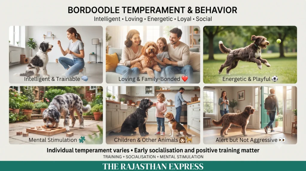 Infographic showcasing Bordoodle temperament and behavior traits: intelligent & trainable, loving & family-bonded, energetic & playful, good with children and other animals, and alert but not aggressive. Includes notes on Bordoodle training, socialization, and mental stimulation.