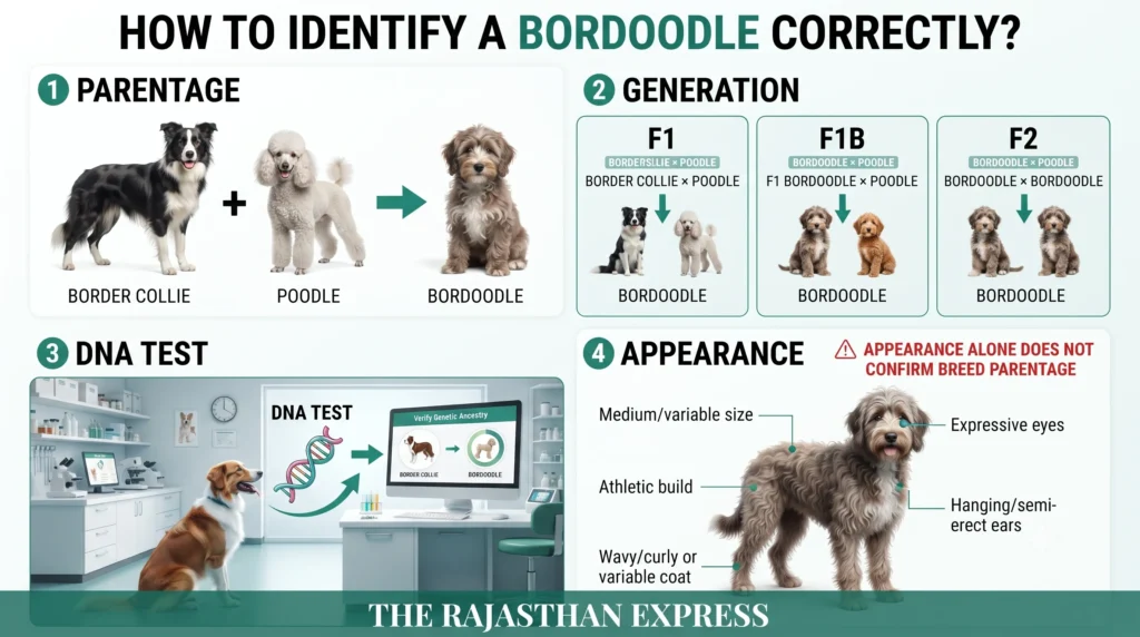 Step-by-step guide to correctly identifying a Bordoodle. Four methods: 1) Parentage – Border Collie + Poodle → Bordoodle; 2) Generation – F1 (Border Collie × Poodle), F1B (Bordoodle × Poodle), F2 (Bordoodle × Bordoodle); 3) DNA Test – verify genetic ancestry; 4) Appearance – medium/variable size, athletic build, wavy/curly coat, expressive eyes, hanging/semi-erect ears. Note: appearance alone does not confirm breed parentage.