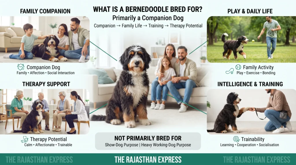 Infographic explaining what is a Bernedoodle bred for. Primarily a companion dog for family life, training, and therapy potential. Key roles: Family Companion (affection, social interaction), Play & Daily Life (family activity, exercise, bonding), Therapy Support (calm, affectionate, trainable), and Intelligence & Training (learning, cooperation, socialisation). Not primarily bred for show-dog or heavy working-dog purposes.