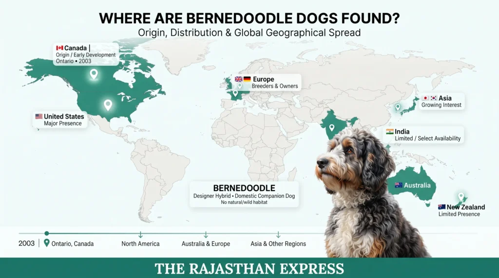 World map showing Bernedoodle geographical distribution – origin in Ontario, Canada, then spread to United States (strong presence), Europe (moderate presence), Australia and New Zealand (limited/established), and Asia including India (rare/emerging in major cities). Side panel lists factors: demand, breeders, climate, grooming. Text emphasises this is a map of demand – not a natural habitat. A Bernedoodle dog stands beside the map.