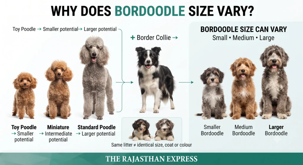Infographic explaining why Bordoodle size varies: Toy Poodle (smaller potential), Miniature Poodle (intermediate), Standard Poodle (larger potential) crossed with Border Collie produce Bordoodle sizes: Smaller, Medium, Larger. Text notes same litter can have different sizes, coats, and colours. This illustrates Bordoodle Mini and Bordoodle Adult size range.