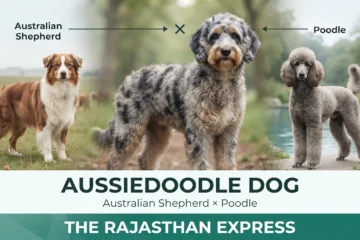 Aussiedoodle dog standing between an Australian Shepherd and a Poodle. Text indicates the Aussiedoodle is a cross between the Australian Shepherd and Poodle. The image represents the perfect blend of herding instincts and curly coats.