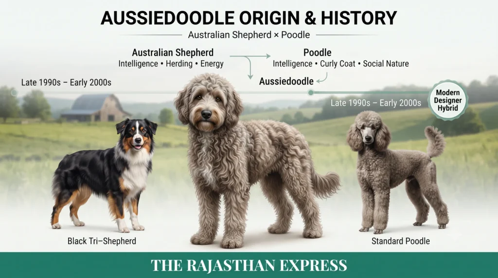 Infographic showing Aussiedoodle origin & history. Australian Shepherd (intelligence, herding, energy) crossed with Poodle (intelligence, curly coat, social nature) creates the Aussiedoodle, a modern designer hybrid developed in the late 1990s to early 2000s. Features a Black Tri-Shepherd, an Aussiedoodle, and a Standard Poodle.