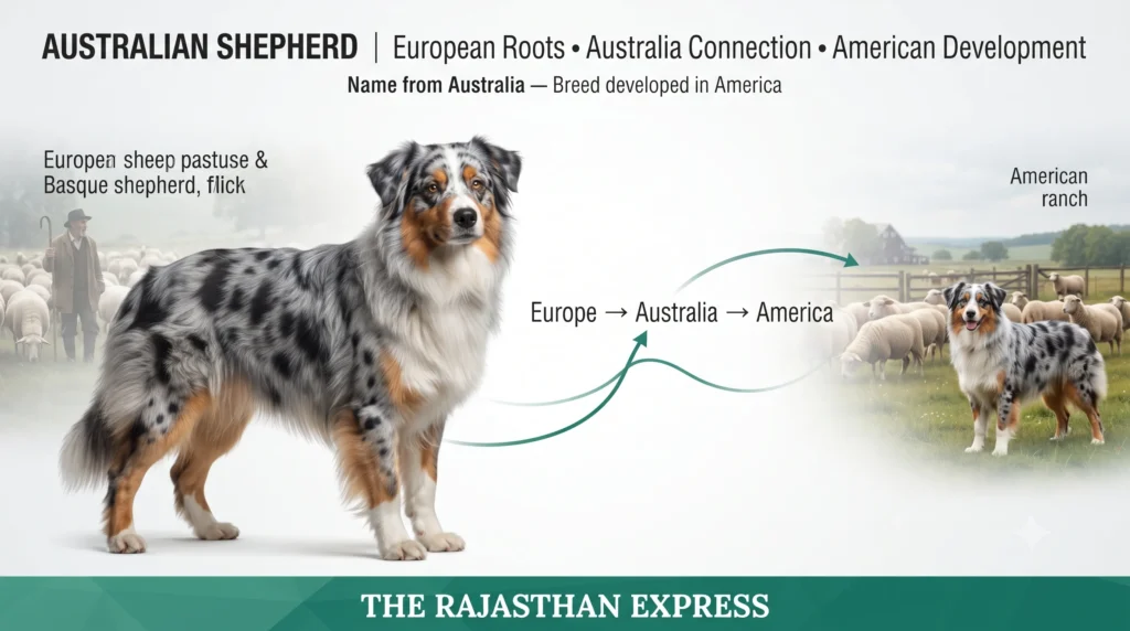 Australian Shepherd origin infographic showing European roots (Basque shepherd, European sheep pasture), Australia connection, and American breed development (American ranch). The name comes from Australia, but the breed was developed in America. Features a Blue Merle Australian Shepherd.