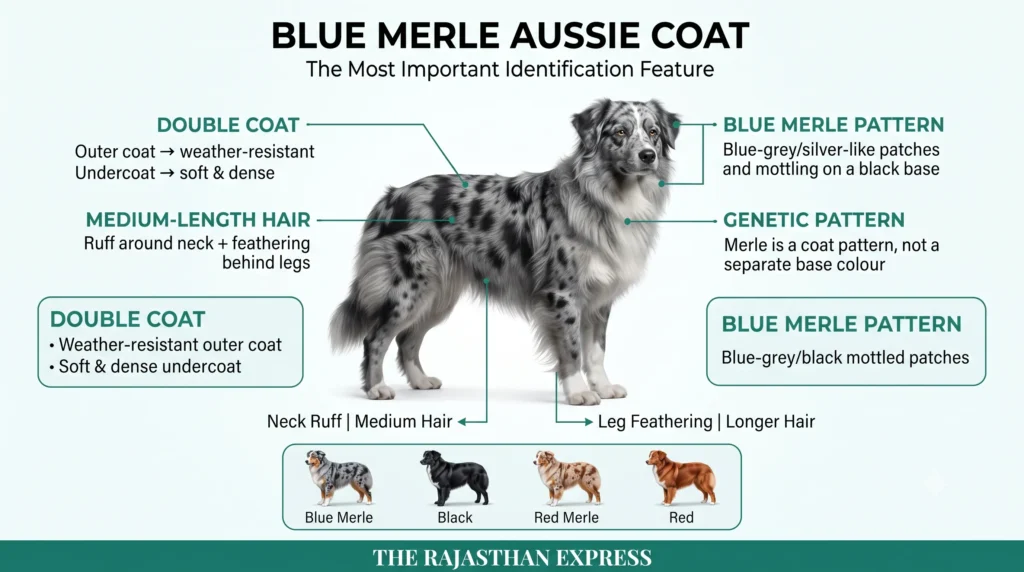 Infographic showing the Blue Merle Aussie coat – the most important identification feature. Highlights double coat (weather-resistant outer coat, soft & dense undercoat), medium-length hair (ruff around neck, feathering behind legs), blue merle pattern (blue-grey/silver-like patches and mottling on a black base), and genetic pattern (merle is a coat pattern, not a separate base colour). Bottom row shows coat colour varieties: Blue Merle, Black, Red Merle, Red.