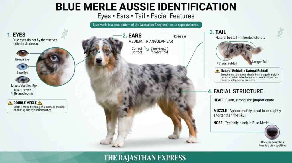 Infographic for Blue Merle Aussie identification. 1. Eyes – brown eye, blue eye, mixed/marbled eye (heterochromia), note: blue eyes do not indicate deafness. 2. Ears – medium, triangular, semi-erect/forward fold (rose ear). 3. Tail – natural bobtail (inherited short tail) or longer tail; warning about natural bobtail x natural bobtail breeding. 4. Facial Structure – head (clean, strong, proportionate), muzzle (equal to or slightly shorter than skull), nose (typically black in Blue Merle, possible pink spotting). Double Merle warning: merle x merle breeding increases risk of hearing and eye abnormalities.