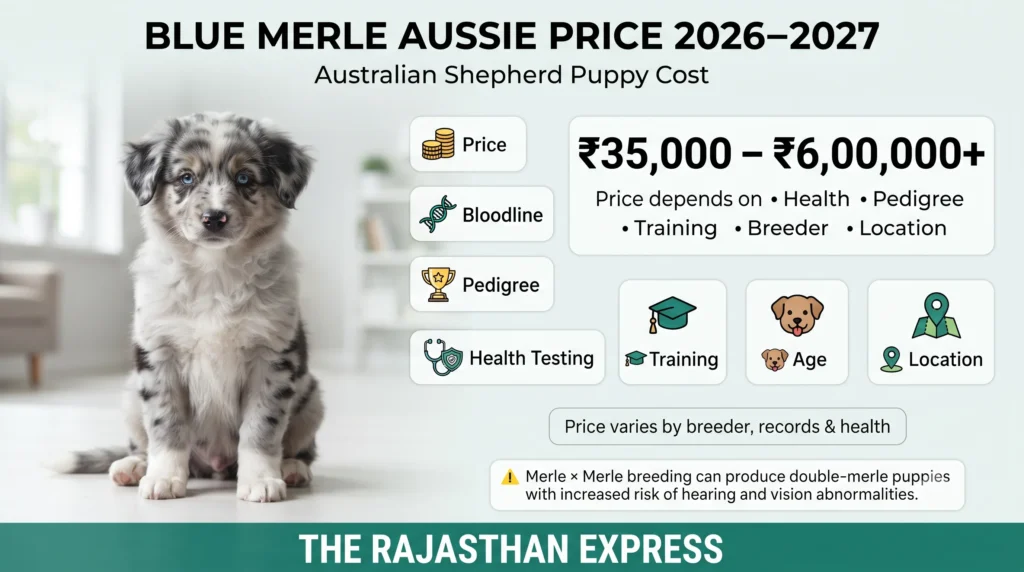 Infographic showing Blue Merle Aussie price 2026–2027 ranging from ₹35,000 – ₹6,00,000+. Price depends on health, pedigree, training, breeder, and location. Icons for price, bloodline, pedigree, health testing, training, age, and location. Warning: Merle x Merle breeding can produce double-merle puppies with increased risk of hearing and vision abnormalities.