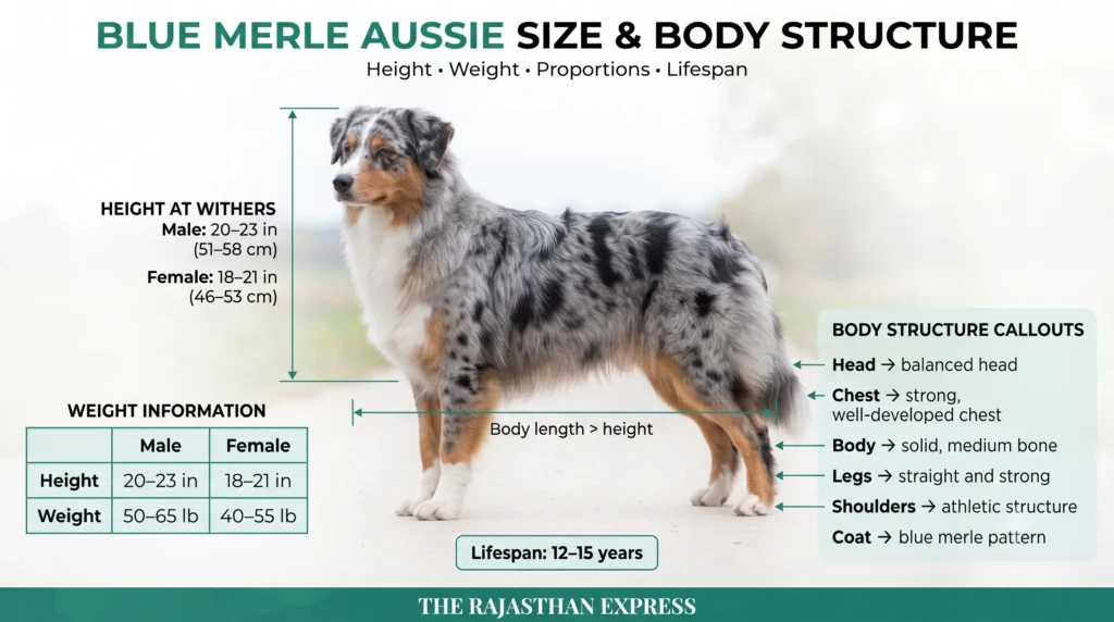 Infographic showing Blue Merle Aussie size and body structure. Height at withers: male 20–23 in (51–58 cm), female 18–21 in (46–53 cm). Weight: male 50–65 lb, female 40–55 lb. Lifespan: 12–15 years. Body structure callouts: balanced head, strong well-developed chest, solid medium bone, straight and strong legs, athletic shoulders, blue merle pattern coat. Body length > height.