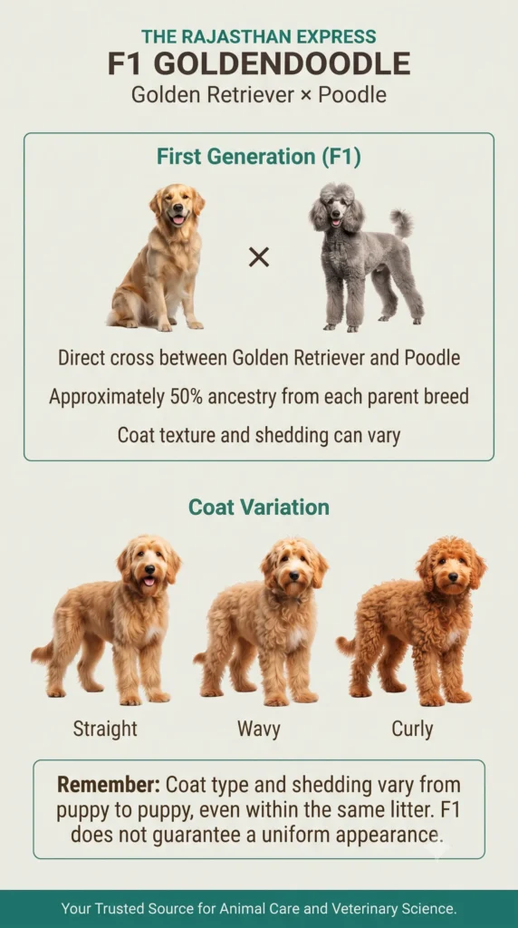F1 Goldendoodle infographic. First Generation (F1) – direct cross between Golden Retriever and Poodle. Approximately 50% ancestry from each parent breed. Coat texture and shedding can vary. Coat variation: Straight, Wavy, Curly. Remember: Coat type and shedding vary from puppy to puppy, even within the same litter. F1 does not guarantee a uniform appearance.