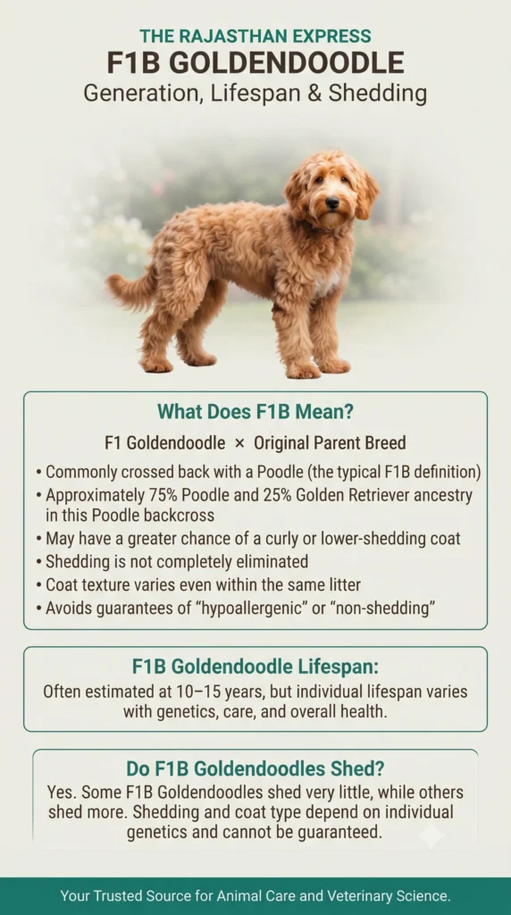F1B Goldendoodle infographic. What Does F1B Mean? F1 Goldendoodle x Original Parent Breed – commonly crossed back with a Poodle (typical F1B definition). Approximately 75% Poodle and 25% Golden Retriever ancestry. May have a greater chance of a curly or lower-shedding coat. Shedding is not completely eliminated. Coat texture varies even within the same litter. Avoids guarantees of “hypoallergenic” or “non-shedding”. F1B Goldendoodle Lifespan: often estimated at 10–15 years, varies with genetics, care, and overall health. Do F1B Goldendoodles Shed? Yes. Some shed very little, while others shed more. Shedding and coat type depend on individual genetics and cannot be guaranteed.