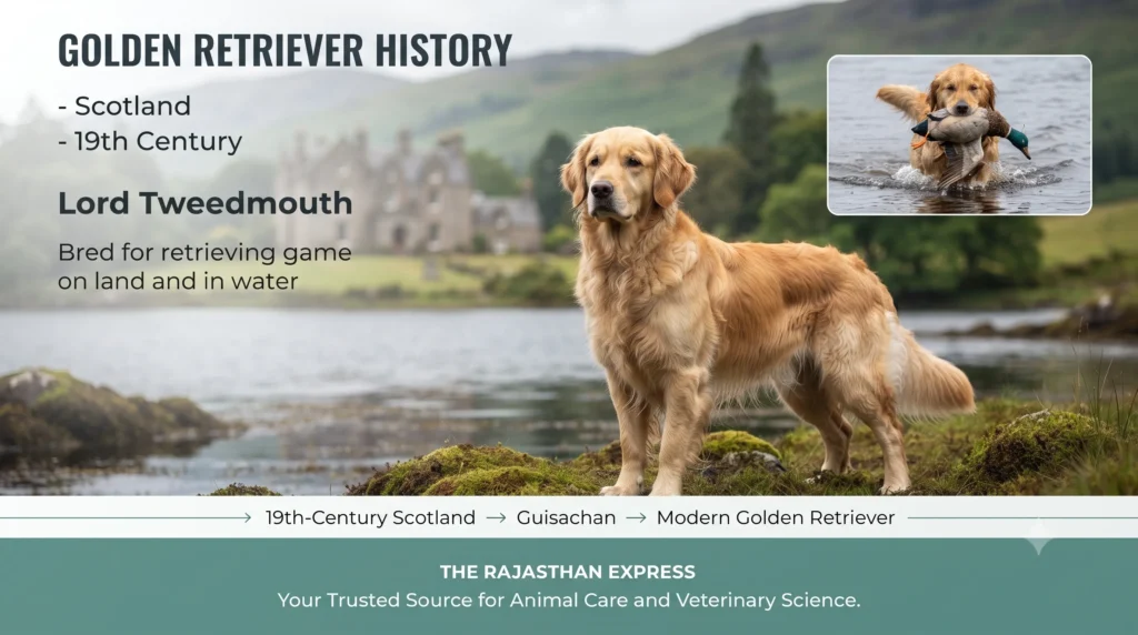Golden Retriever history infographic. Scotland, 19th Century, Lord Tweedmouth. Bred for retrieving game on land and in water. Timeline: 19th-Century Scotland → Guisachan → Modern Golden Retriever. Features a Golden Retriever in a Scottish landscape and a Golden Retriever retrieving a duck from water.