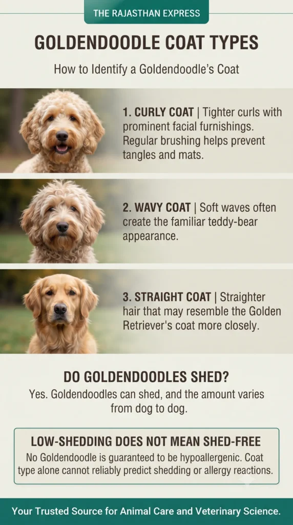 Goldendoodle coat types infographic. How to Identify a Goldendoodle’s Coat. 1. Curly Coat – tighter curls with prominent facial furnishings; regular brushing helps prevent tangles and mats. 2. Wavy Coat – soft waves often create the familiar teddy-bear appearance. 3. Straight Coat – straighter hair that may resemble the Golden Retriever’s coat more closely. Do Goldendoodles Shed? Yes. Goldendoodles can shed, and the amount varies from dog to dog. Low-shedding does not mean shed-free. No Goldendoodle is guaranteed to be hypoallergenic. Coat type alone cannot reliably predict shedding or allergy reactions.
