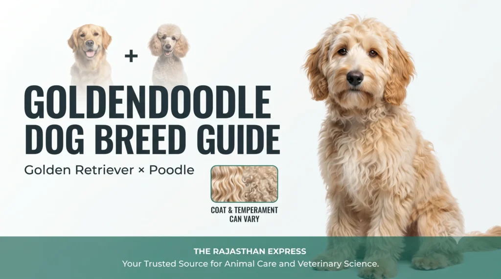 Goldendoodle dog breed guide infographic. Golden Retriever + Poodle = Goldendoodle. Highlights that coat and temperament can vary. Features a central Goldendoodle with a close-up of its wavy/curly coat texture. Represents the Goldendoodle as a popular designer dog breed and hybrid dog breed.