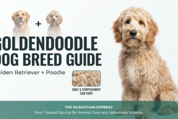 Goldendoodle dog breed guide infographic. Golden Retriever + Poodle = Goldendoodle. Highlights that coat and temperament can vary. Features a central Goldendoodle with a close-up of its wavy/curly coat texture. Represents the Goldendoodle as a popular designer dog breed and hybrid dog breed.