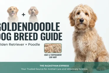 Goldendoodle dog breed guide infographic. Golden Retriever + Poodle = Goldendoodle. Highlights that coat and temperament can vary. Features a central Goldendoodle with a close-up of its wavy/curly coat texture. Represents the Goldendoodle as a popular designer dog breed and hybrid dog breed.