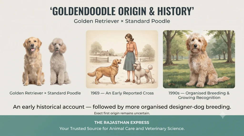 Goldendoodle origin and history infographic. Golden Retriever x Standard Poodle. Timeline: 1969 – An Early Reported Cross, 1990s – Organised Breeding & Growing Recognition. Text: An early historical account — followed by more organised designer-dog breeding. Exact first origin remains uncertain. Features a Golden Retriever, Standard Poodle, and a Goldendoodle in a park setting.
