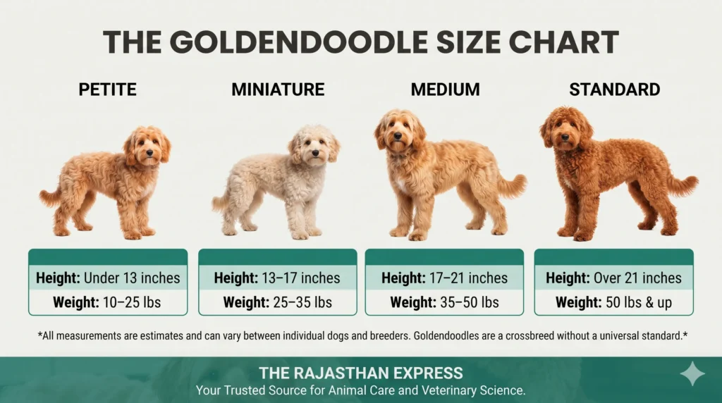 Detailed Goldendoodle size chart. Petite: Under 13 inches, 10–25 lbs. Miniature: 13–17 inches, 25–35 lbs. Medium: 17–21 inches, 35–50 lbs. Standard: Over 21 inches, 50 lbs & up. Note: All measurements are estimates and can vary between individual dogs and breeders. Goldendoodles are a crossbreed without a universal standard.