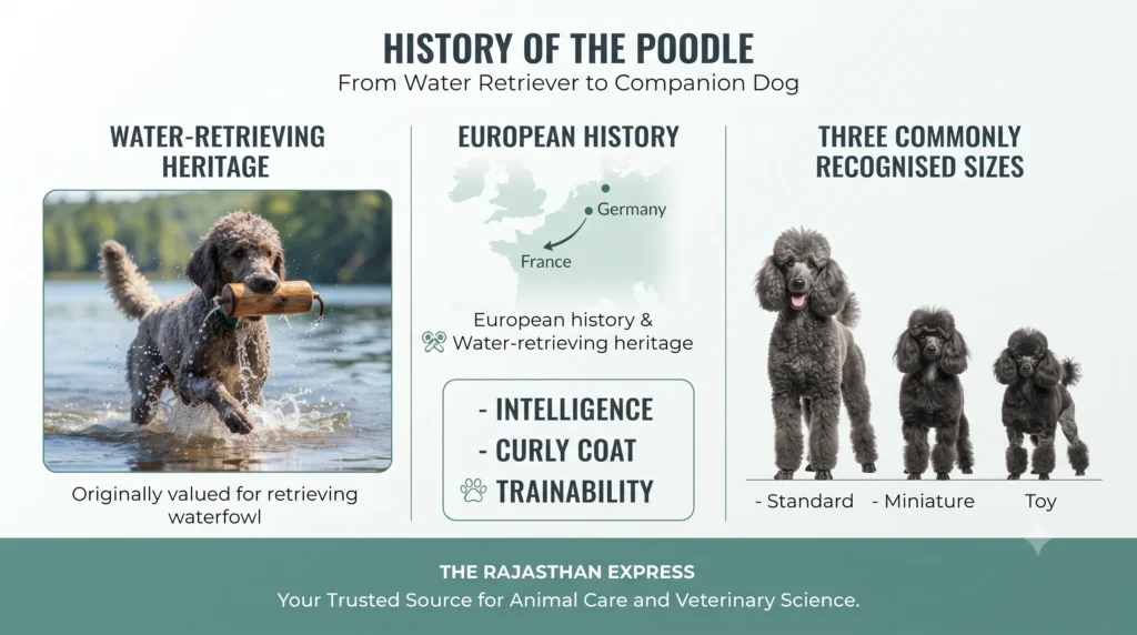 History of the Poodle infographic. Water-retrieving heritage – originally valued for retrieving waterfowl. European history (Germany, France). Traits: intelligence, curly coat, trainability. Three commonly recognised sizes: Standard, Miniature, Toy. Represents the Poodle as a versatile water retriever turned companion dog.