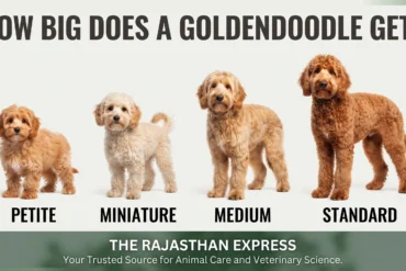Infographic titled How Big Does a Goldendoodle Get? showing four size categories: Petite, Miniature, Medium, and Standard. Displays four Goldendoodles on a white background to visually compare their adult sizes.