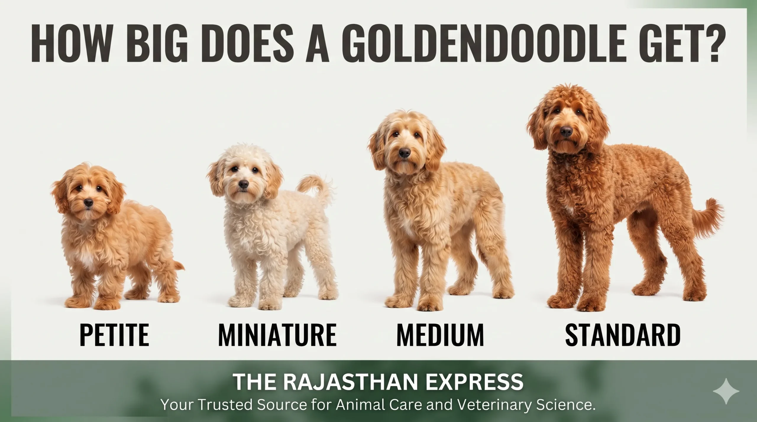 Infographic titled How Big Does a Goldendoodle Get? showing four size categories: Petite, Miniature, Medium, and Standard. Displays four Goldendoodles on a white background to visually compare their adult sizes.