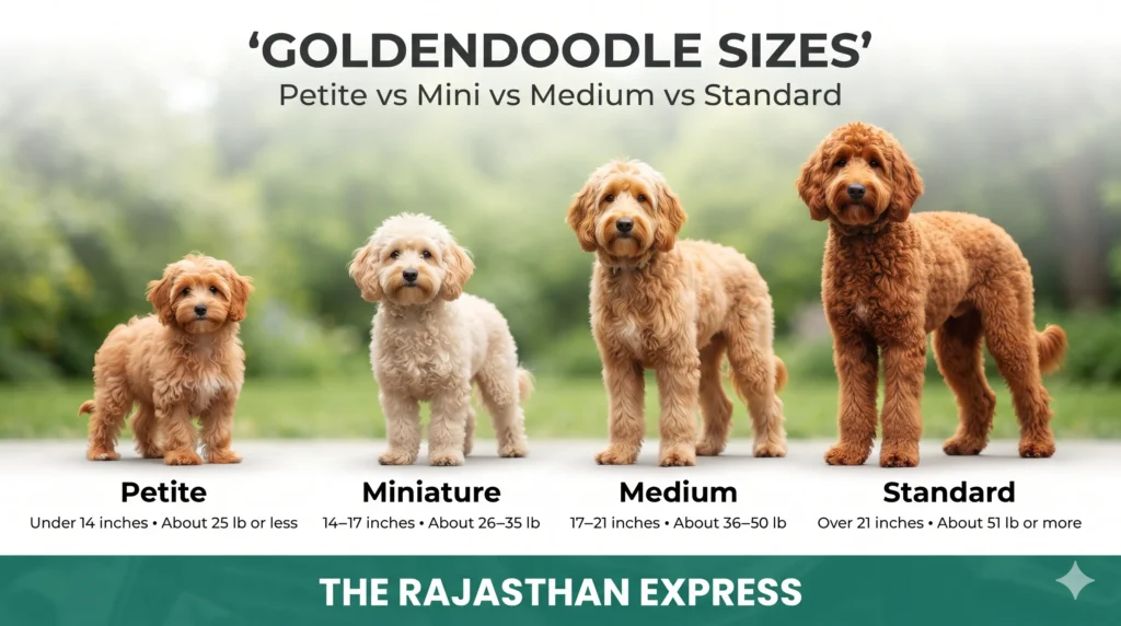 Infographic showing Goldendoodle sizes: Petite (Under 14 inches, 25 lb or less), Miniature (14–17 inches, 26–35 lb), Medium (17–21 inches, 36–50 lb), and Standard (Over 21 inches, 51 lb or more). Shows four Goldendoodles of varying sizes standing in a line. Addresses how big do goldendoodles get.