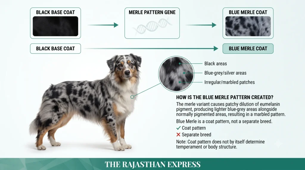 Infographic explaining how the Blue Merle pattern is created. Black Base Coat + Merle Pattern Gene → Blue Merle Coat. The merle variant causes patchy dilution of eumelanin pigment, producing lighter blue-grey areas alongside normally pigmented areas, resulting in a marbled pattern. Close-up shows black areas, blue-grey/silver areas, and irregular/marbled patches. Text clarifies Blue Merle is a coat pattern, not a separate breed and does not determine temperament or body structure.