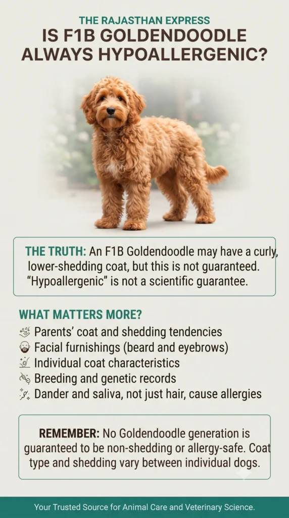 Is F1B Goldendoodle always hypoallergenic? infographic. The truth: An F1B Goldendoodle may have a curly, lower-shedding coat, but this is not guaranteed. “Hypoallergenic” is not a scientific guarantee. What matters more? Parents’ coat and shedding tendencies; facial furnishings (beard and eyebrows); individual coat characteristics; breeding and genetic records; dander and saliva, not just hair, cause allergies. Remember: No Goldendoodle generation is guaranteed to be non-shedding or allergy-safe. Coat type and shedding vary between individual dogs.